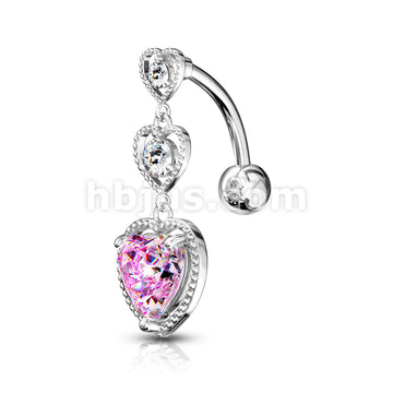 316L Surgical Steel Triple Heart Vertical Drop With Large Heart CZ... - Image 5