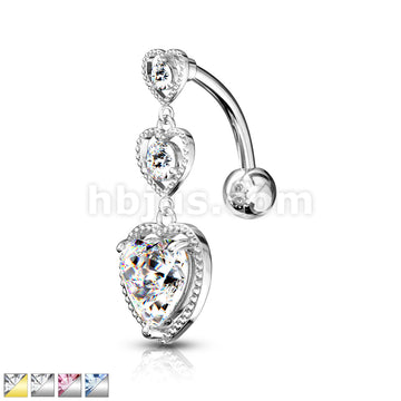 316L Surgical Steel Triple Heart Vertical Drop With Large Heart CZ... - Image 2