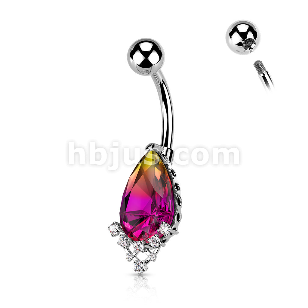 316L Surgical Steel Rainbow Effect Pear Crystal With CZ Prong Set Belly... - Image 2