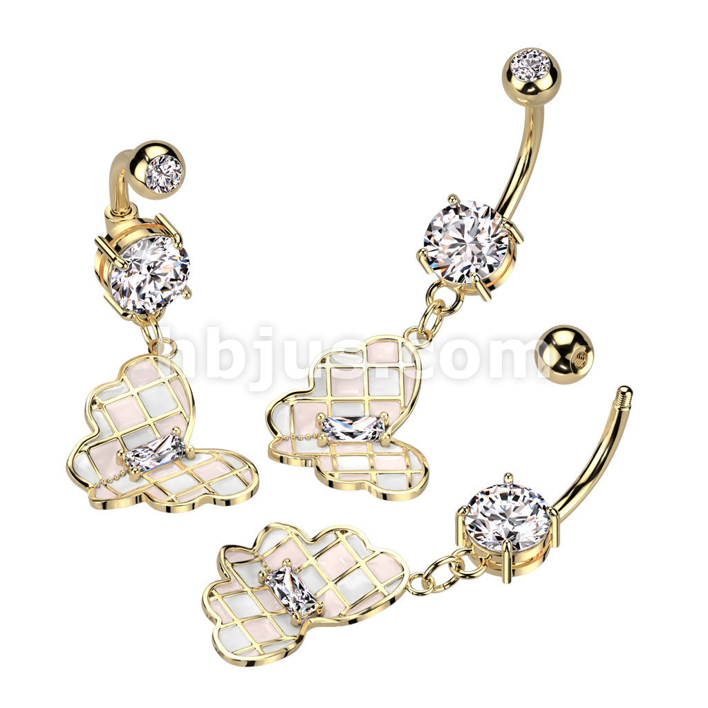 316L Surgical Steel Double CZ Checkered Butterfly Dangle With Prong Set...