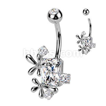 316L Surgical Steel 316L Surgical Steel CZ Rectangle With Flower and CZ... - Image 2