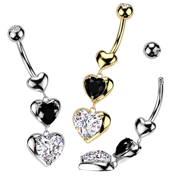 316L Surgical Steel 316L Surgical Steel Triple Heart Dangle Belly...
