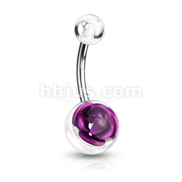 Metal Rose Embedded in Clear Acrylic Ball 316L Surgical Steel Navel Ring - Image 2
