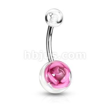 Metal Rose Embedded in Clear Acrylic Ball 316L Surgical Steel Navel Ring - Image 3