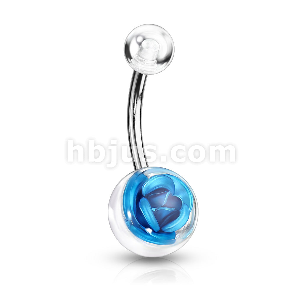 Metal Rose Embedded in Clear Acrylic Ball 316L Surgical Steel Navel Ring - Image 4