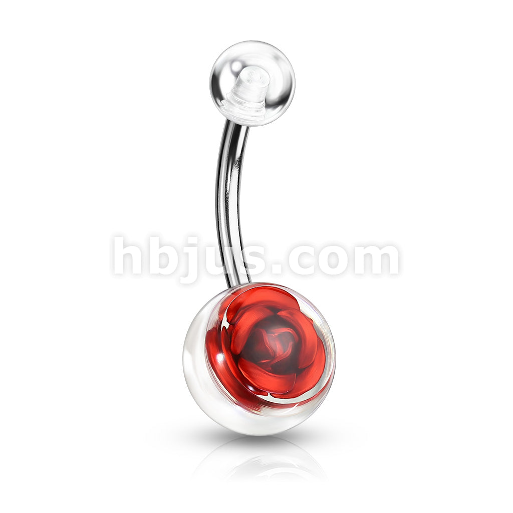 Metal Rose Embedded in Clear Acrylic Ball 316L Surgical Steel Navel Ring - Image 5