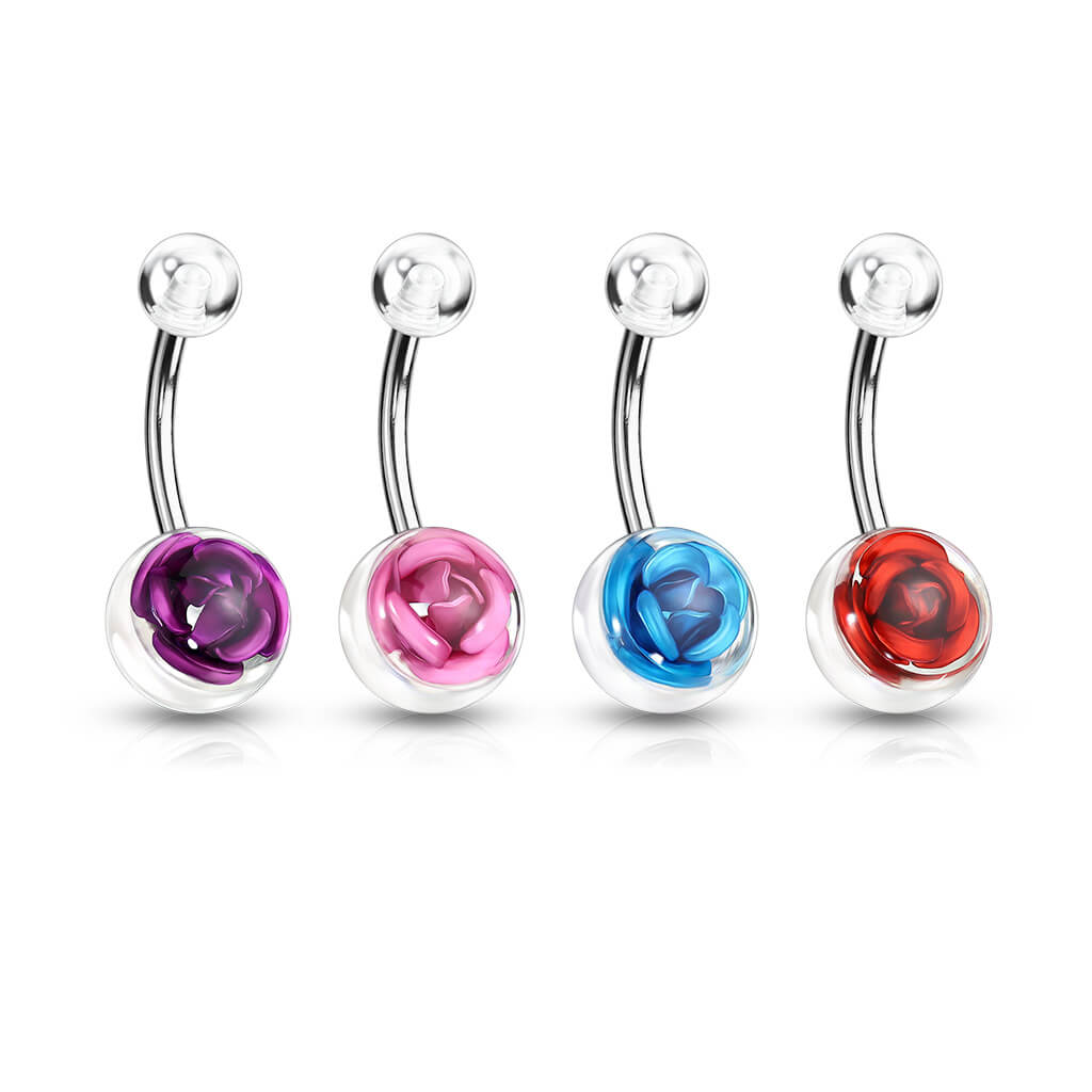 316L Surgical Steel Navel Ring with Metal Rose Embedded in Clear Acrylic Ball