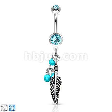 316L Surgical Steel 316L Surgical Steel Feather Dangle With Blue...