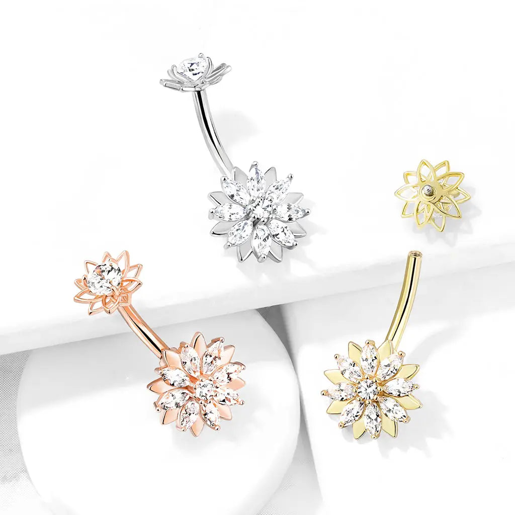 316L Surgical Steel Marquise CZ Flower With Internally Threaded CZ...