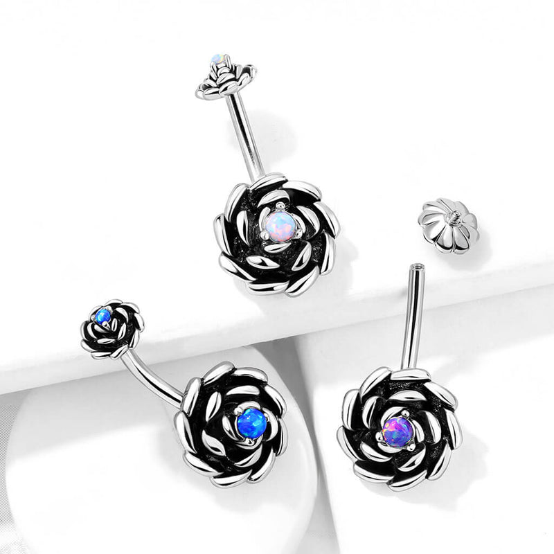 316L Surgical Steel Antique Silver Plated Opal Center Rose With...