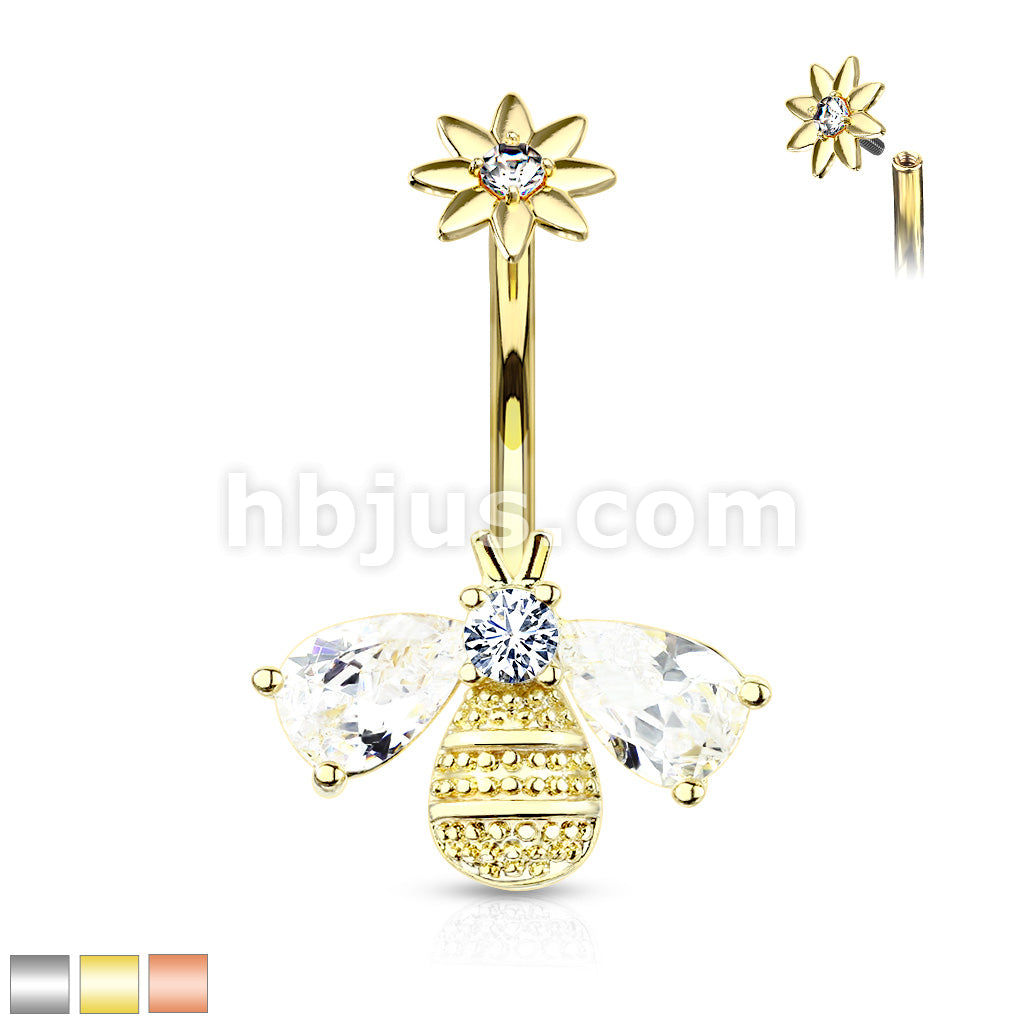 316L Surgical Steel Bee With CZ Wings and Face With Internally Threaded... - Image 2