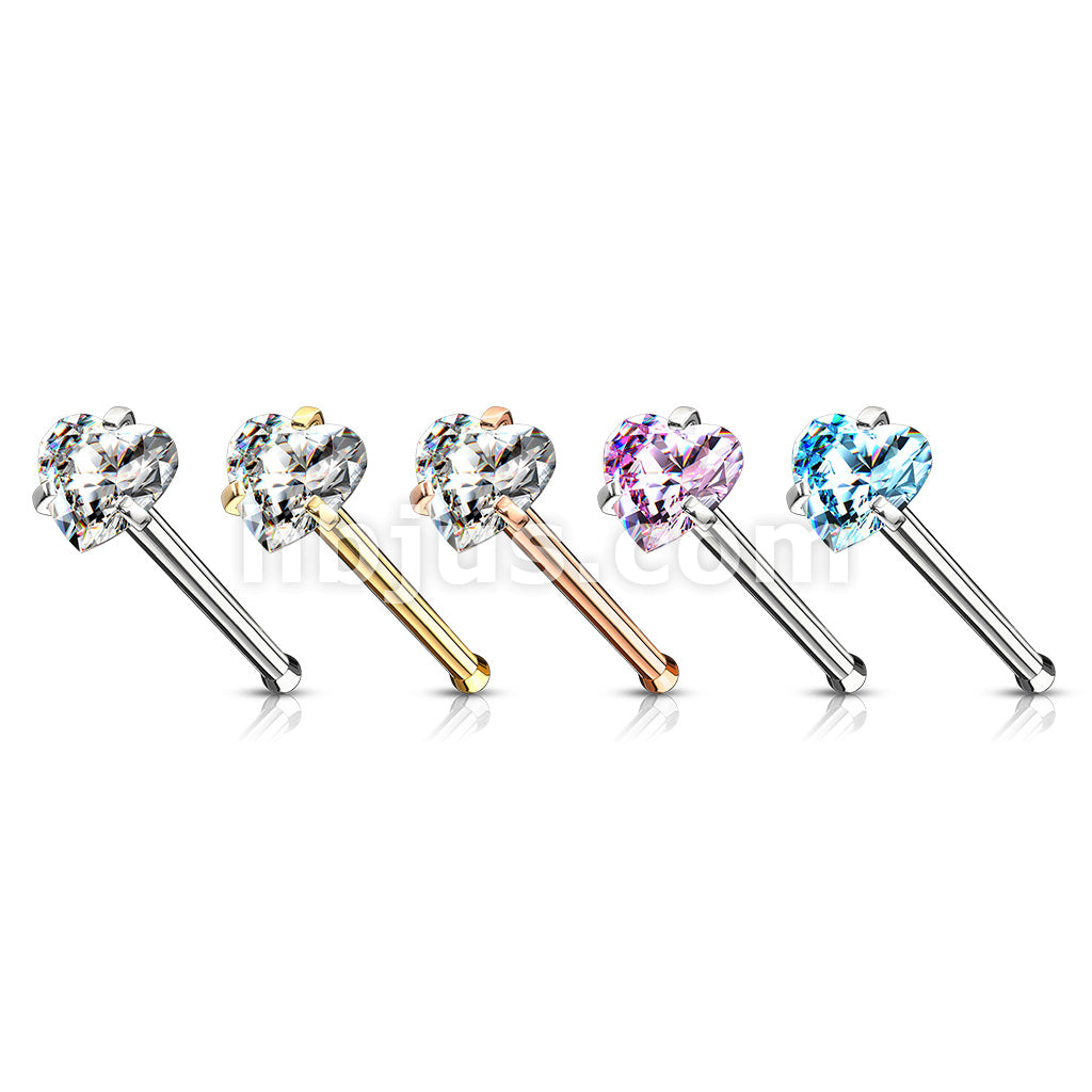 Prong Set Heart CZ Top 316L Surgical Steel Nose Bone Stud Rings - Image 9