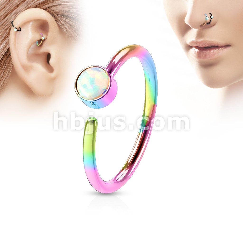 White Opal Set IP Plating over 316L Surgical Steel NoseHoop Ring - Image 5