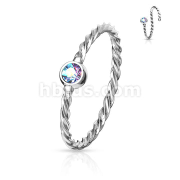 Crystal Set Twisted Rope 316L Surgical Steel Bendable Hoop Nose Ring - Image 3