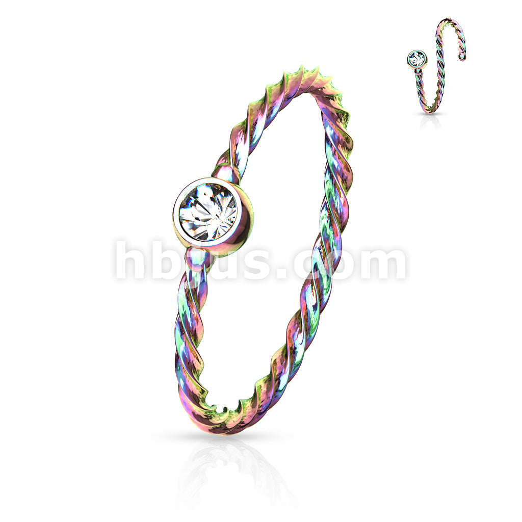 Crystal Set Twisted Rope 316L Surgical Steel Bendable Hoop Nose Ring - Image 8