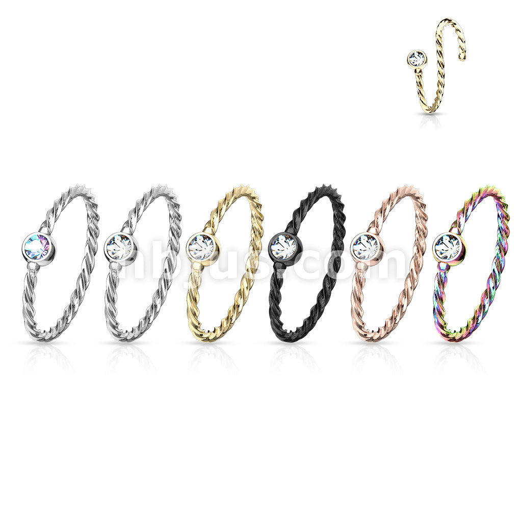 Crystal Set Twisted Rope 316L Surgical Steel Bendable Hoop Nose Ring - Image 10