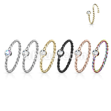Crystal Set Twisted Rope 316L Surgical Steel Bendable Hoop Nose Ring - Image 10