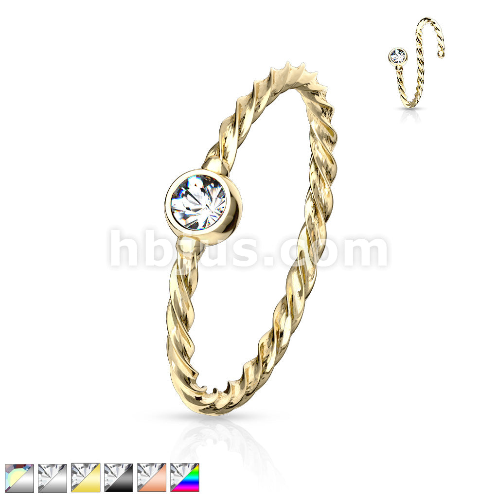 Crystal Set Twisted Rope 316L Surgical Steel Bendable Hoop Nose Ring - Image 2
