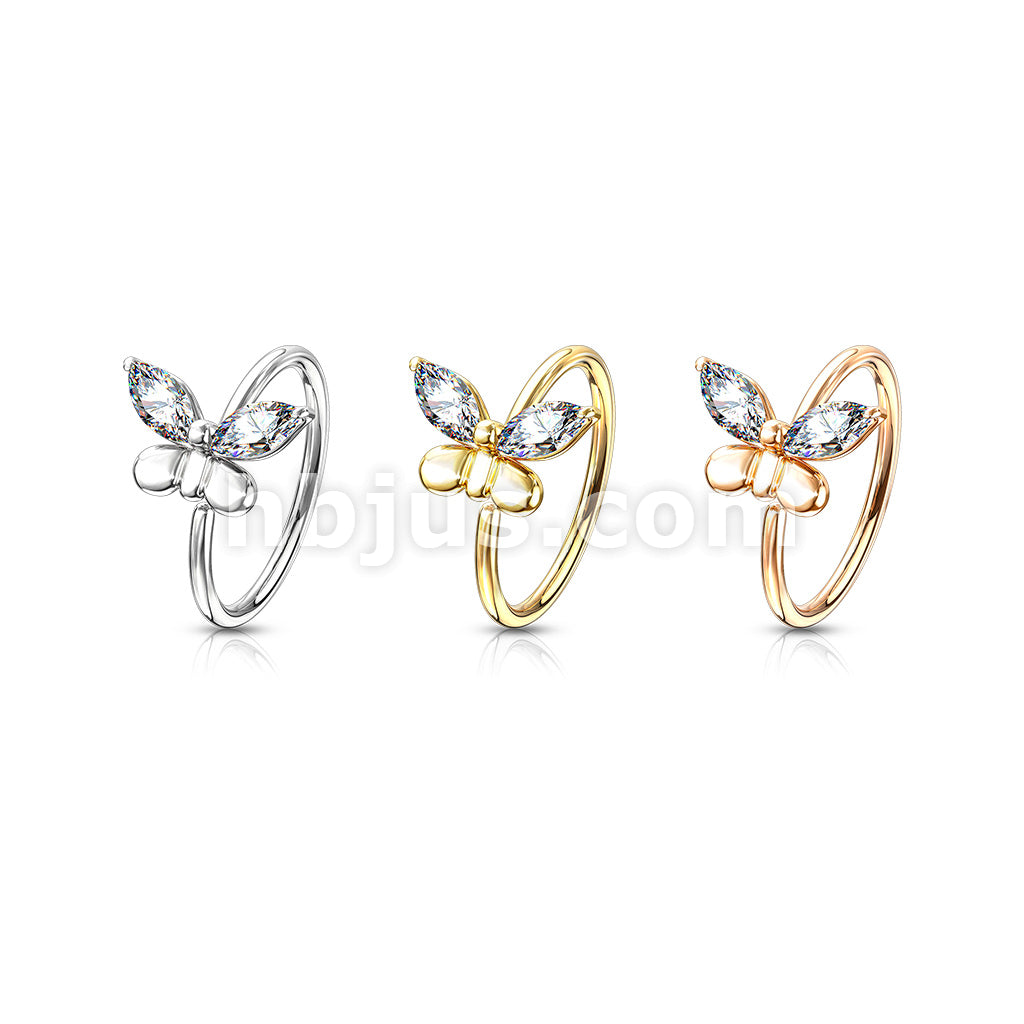 Brass CZ Butterfly Bendable Nose, Cartilage Hoop Rings - Image 6