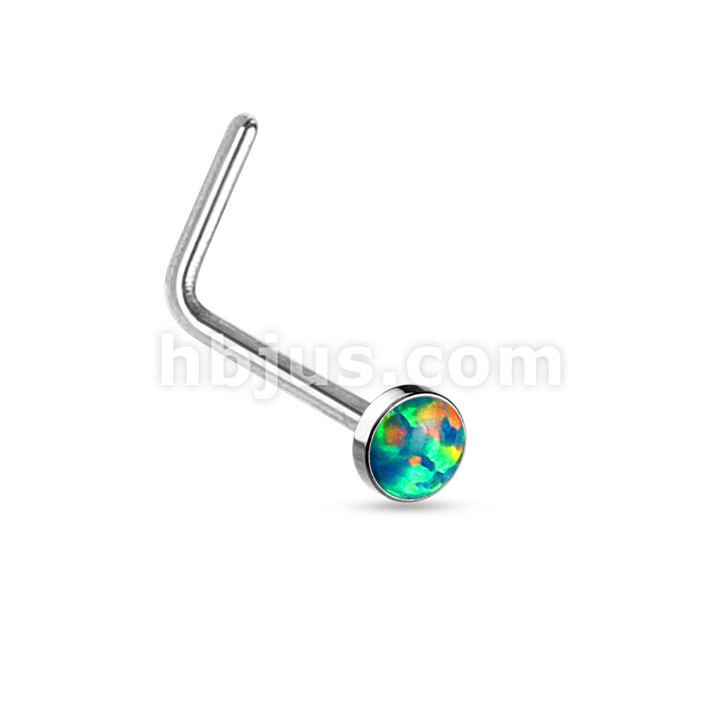 Opal Set Flat Top 316L Surgical Steel "L" bend Nose Stud Rings - Image 2