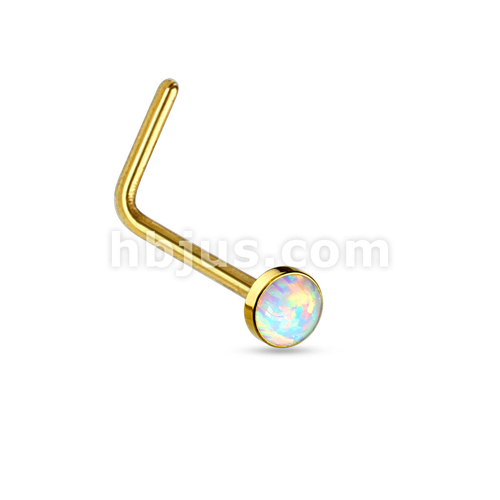 White Opal Set Flat Top PVD Over 316L Surgical Steel "L" bend Nose Stud... - Image 2