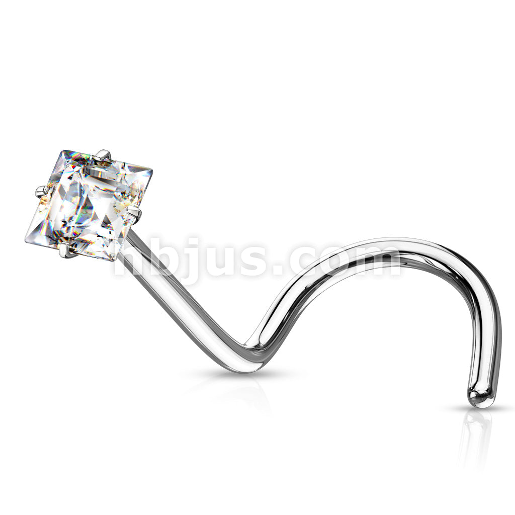 Prong Set Square CZ Top 316L Surgical Steel Nose Screw Rings - Image 3