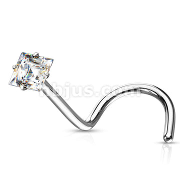Prong Set Square CZ Top 316L Surgical Steel Nose Screw Rings - Image 3