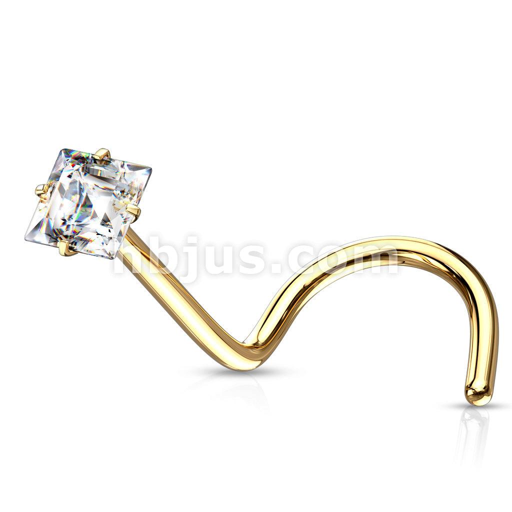 Prong Set Square CZ Top 316L Surgical Steel Nose Screw Rings - Image 4