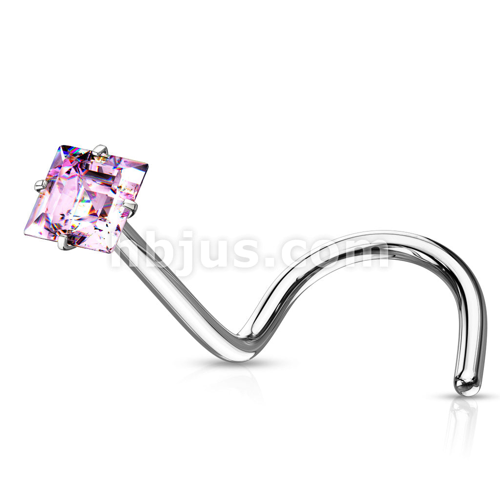Prong Set Square CZ Top 316L Surgical Steel Nose Screw Rings - Image 6