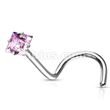 Prong Set Square CZ Top 316L Surgical Steel Nose Screw Rings - Image 6