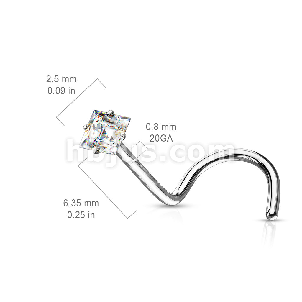 Prong Set Square CZ Top 316L Surgical Steel Nose Screw Rings - Image 8