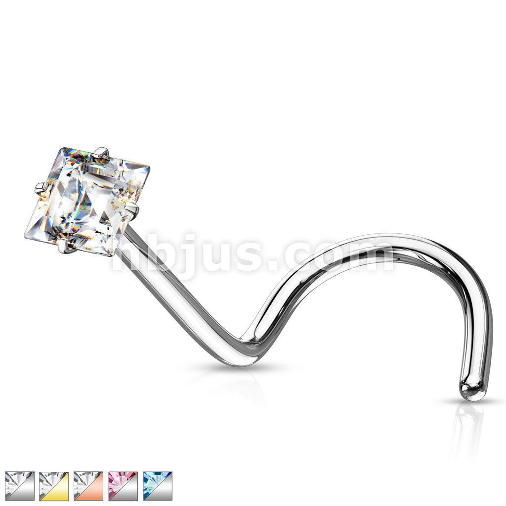 Prong Set Square CZ Top 316L Surgical Steel Nose Screw Rings - Image 2