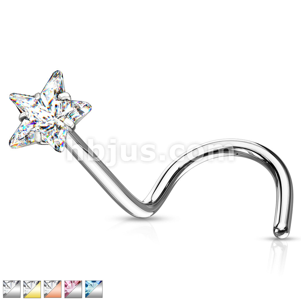 Prong Set Star CZ Top 316L Surgical Steel Nose Screw Rings - Image 2