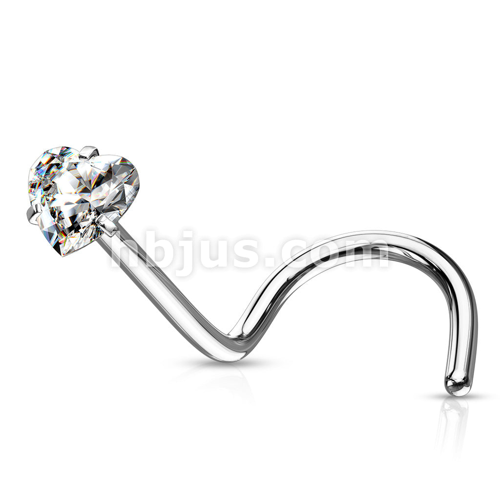Prong Set Heart CZ Top 316L Surgical Steel Nose Screw Rings - Image 3