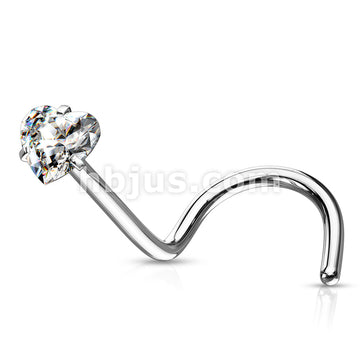 Prong Set Heart CZ Top 316L Surgical Steel Nose Screw Rings - Image 3