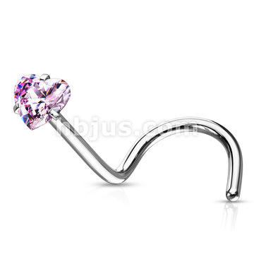 Prong Set Heart CZ Top 316L Surgical Steel Nose Screw Rings - Image 6