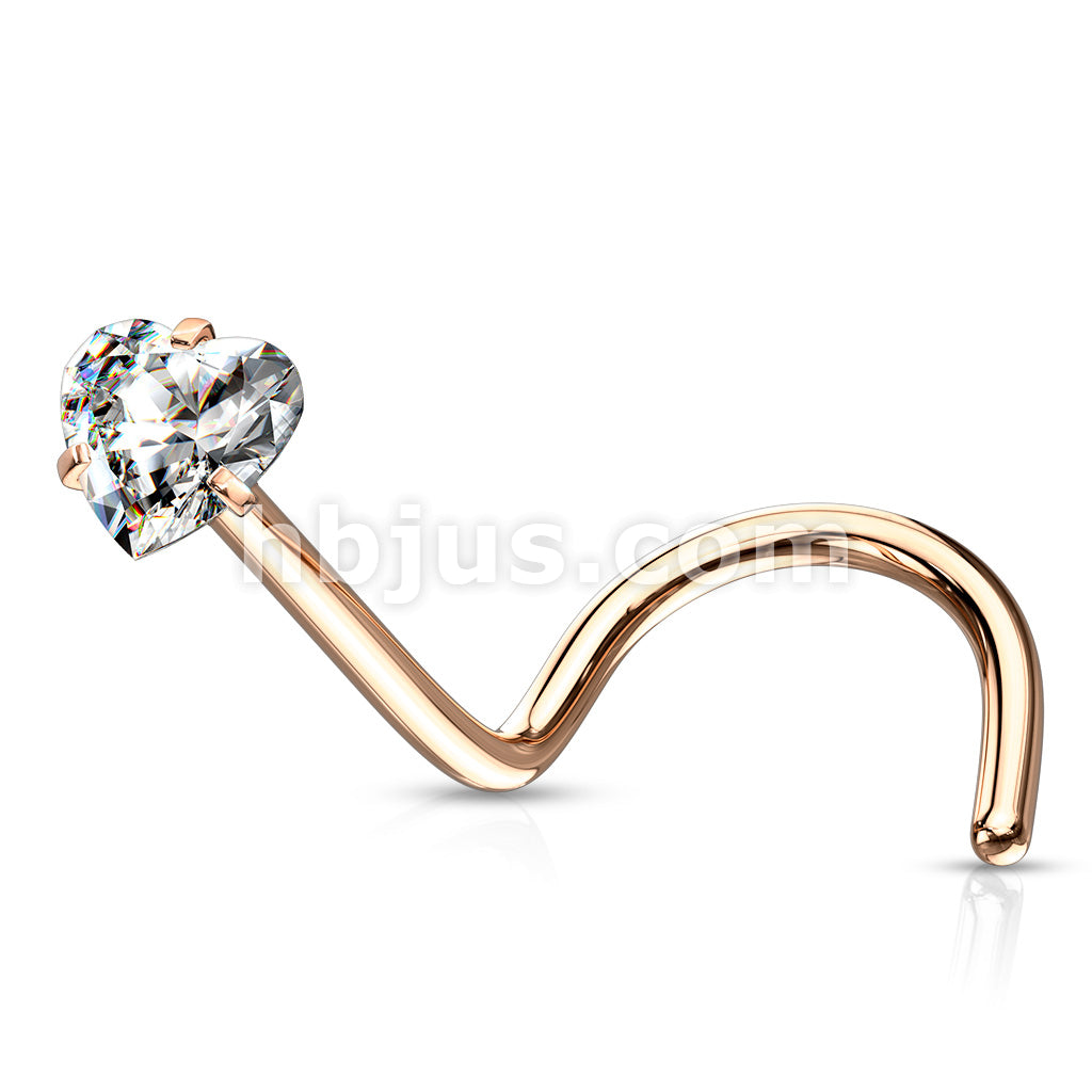 Prong Set Heart CZ Top 316L Surgical Steel Nose Screw Rings - Image 5