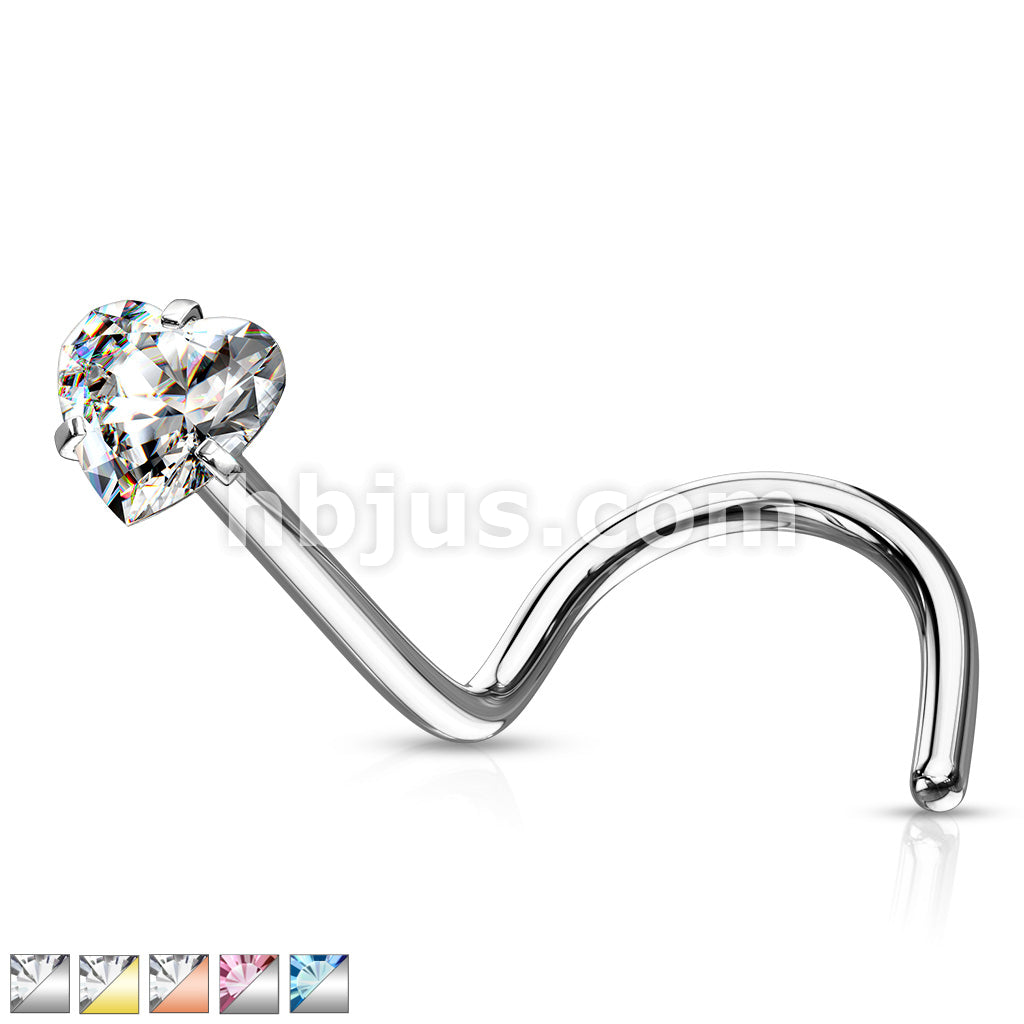 Prong Set Heart CZ Top 316L Surgical Steel Nose Screw Rings - Image 2