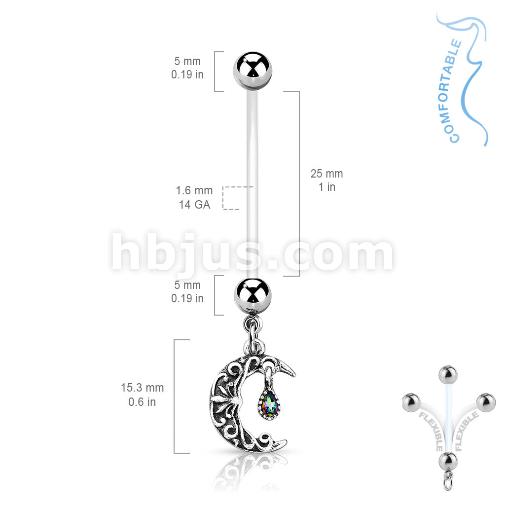 316L Surgical Steel Crescent Moon Pregnancy Belly Ring Bioflex with... - Image 4