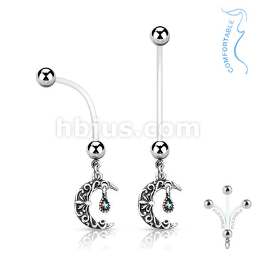 316L Surgical Steel Crescent Moon Pregnancy Belly Ring Bioflex with... - Image 3
