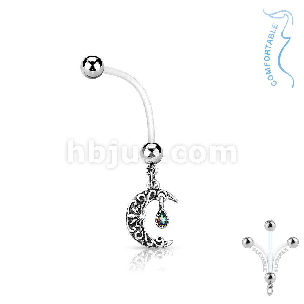 316L Surgical Steel Crescent Moon Pregnancy Belly Ring Bioflex with... - Image 2