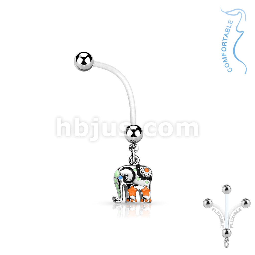 316L Surgical Steel Colorful Elephant Pregnancy Belly Ring Bioflex with... - Image 2