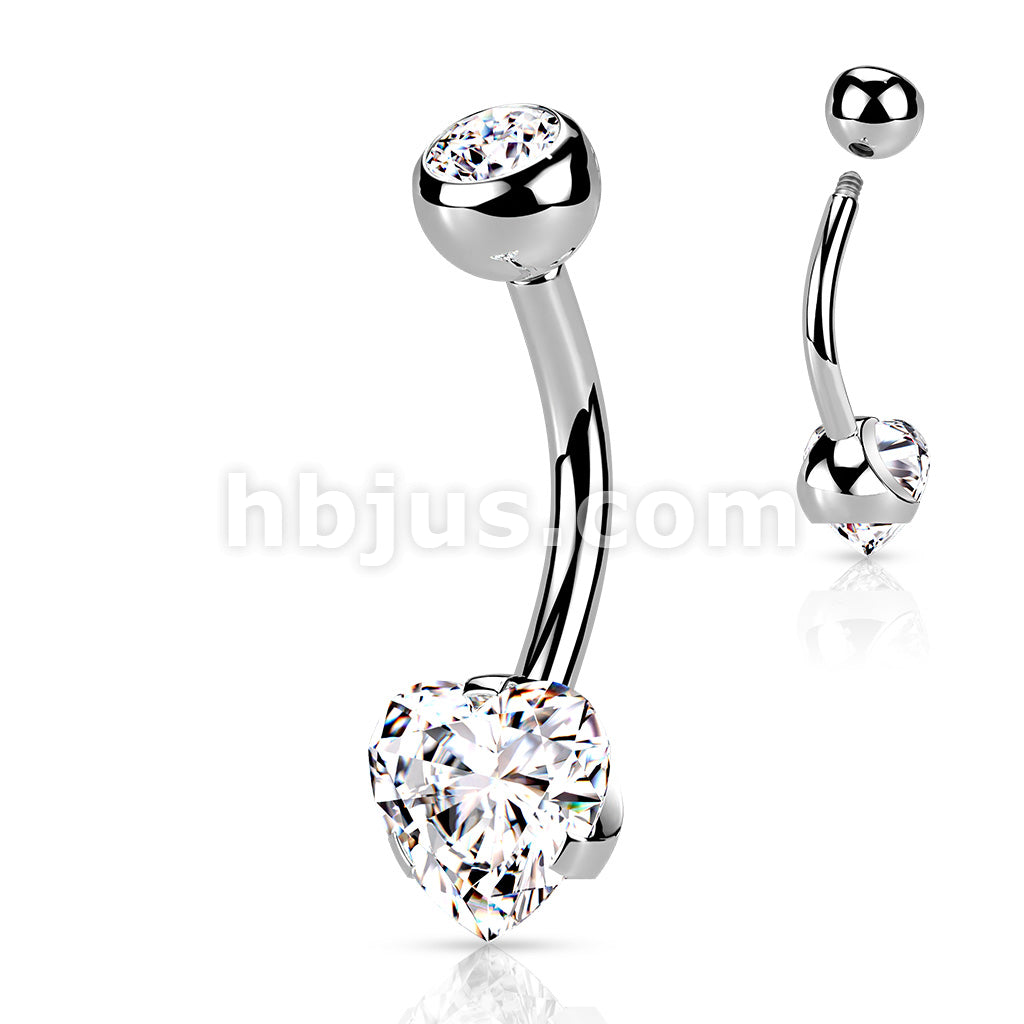 316L Surgical Steel Prong Set Heart CZ Navel Ring - Image 3