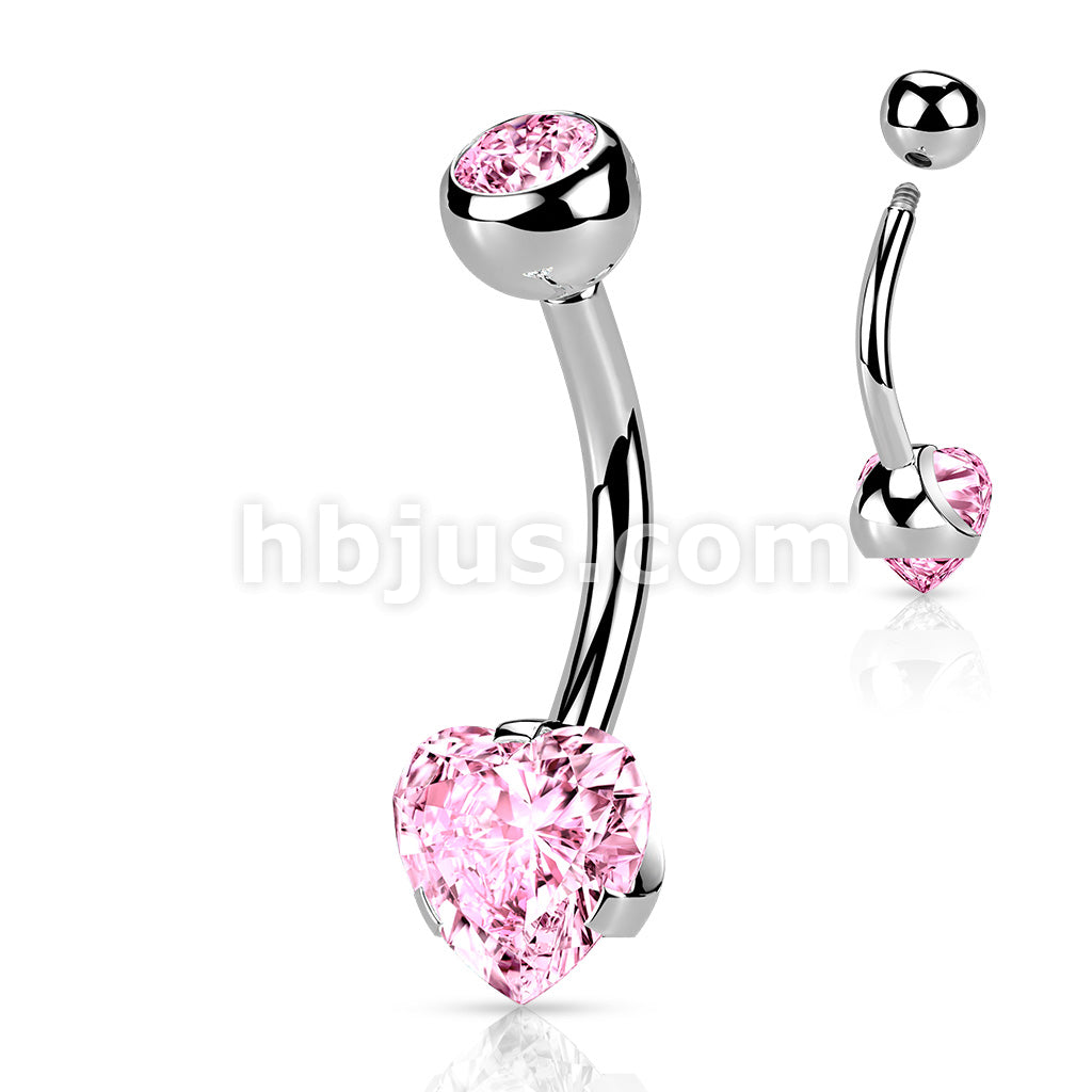 316L Surgical Steel Prong Set Heart CZ Navel Ring - Image 4