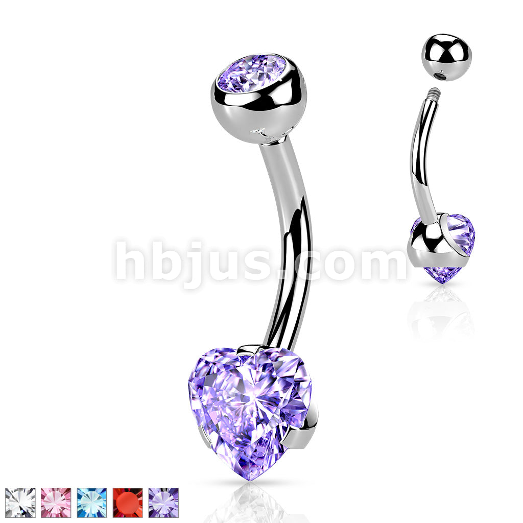 316L Surgical Steel Prong Set Heart CZ Navel Ring - Image 2