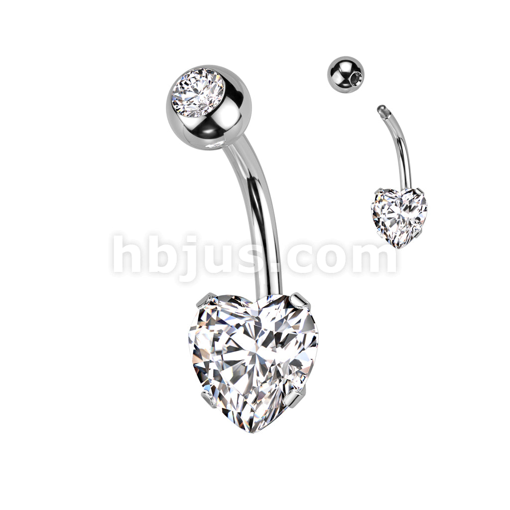 Prong Set 8mm Heart CZ All 316L Surgical Steel Navel Ring - Image 2
