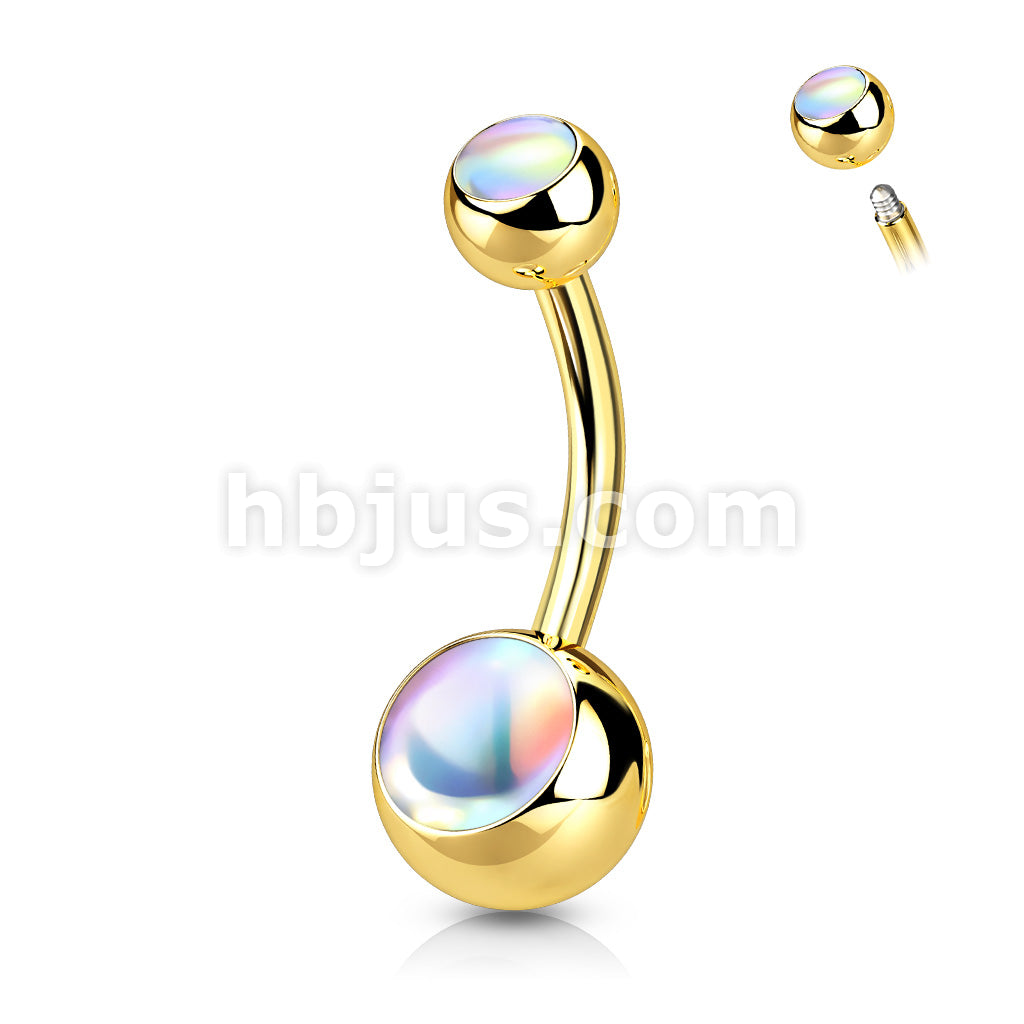 Double Iridescent Stone 316L Surgical Steel Belly Button Ring - Image 3