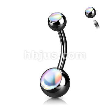 Double Iridescent Stone 316L Surgical Steel Belly Button Ring - Image 4