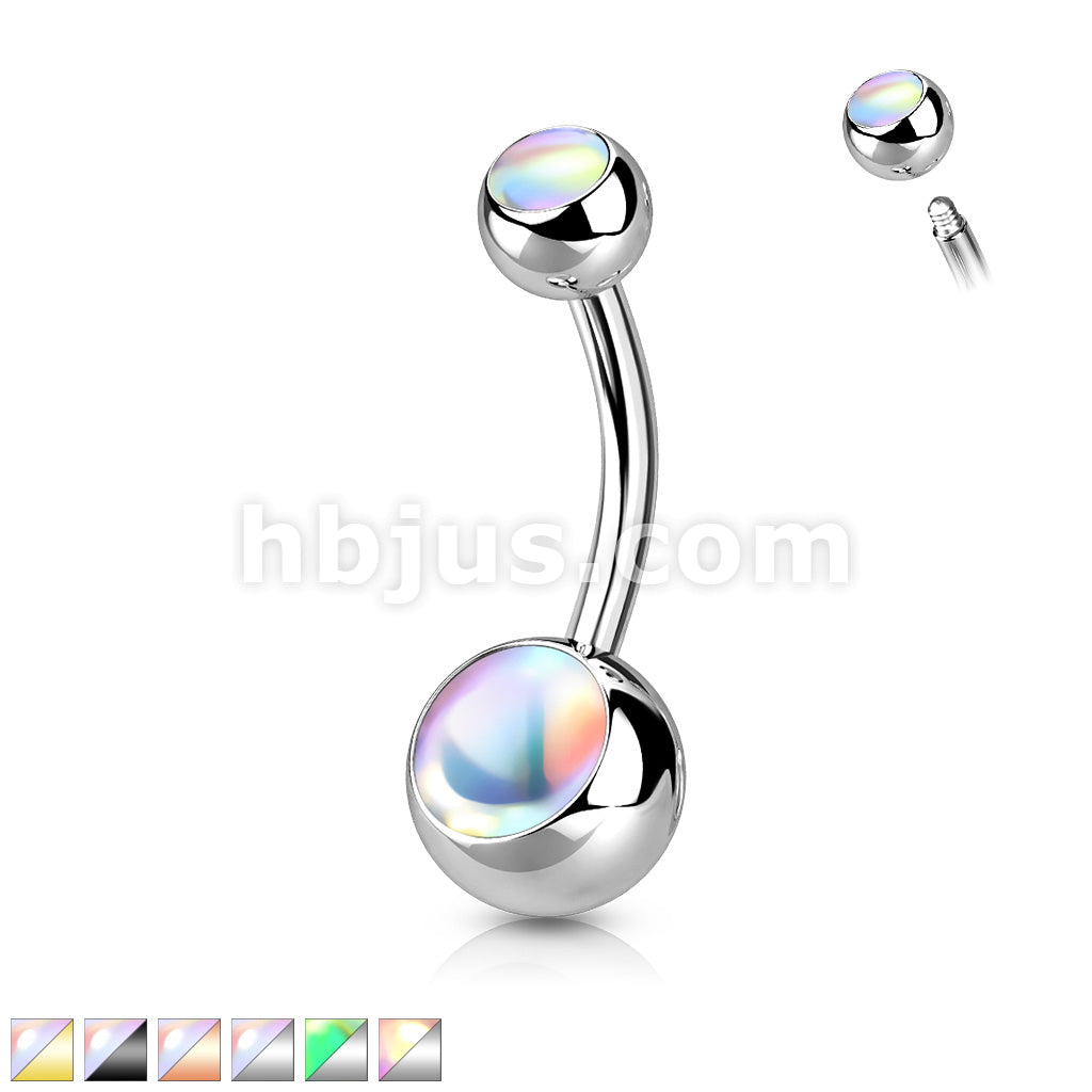 Double Iridescent Stone 316L Surgical Steel Belly Button Ring - Image 2