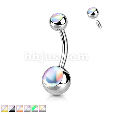 Double Iridescent Stone 316L Surgical Steel Belly Button Ring - Image 2
